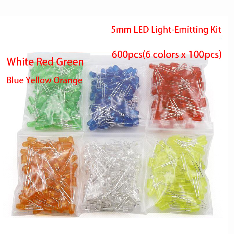 600 개 (6 색 x 100 개) 흰색 빨간색 녹색 파란색 노란색 주황색 5mm LED 확산 발광 다이오드 3V 램프 모듬 키트 세트